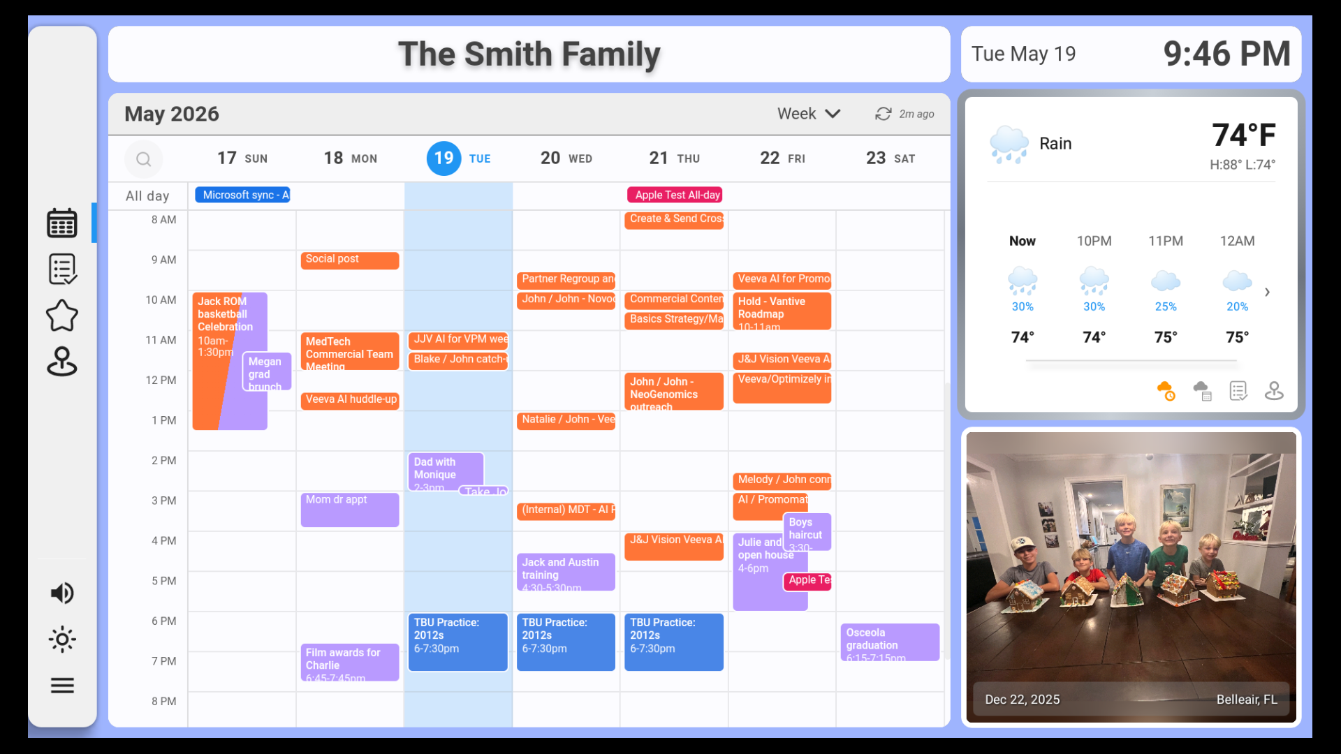 Dashie running as a family dashboard on a Smart TV, showing the calendar, photos, and weather widgets