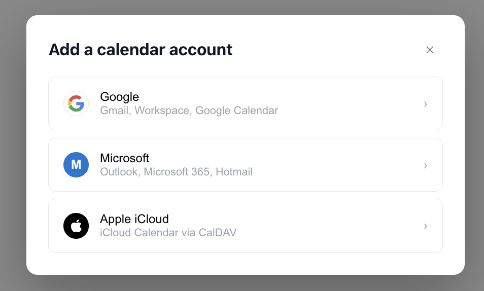 Add a calendar account dialog with options for Google, Microsoft, and Apple iCloud