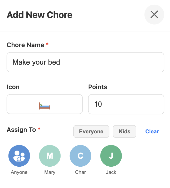 Add New Chore dialog with fields for name, icon, points, and Assign To family member selectors