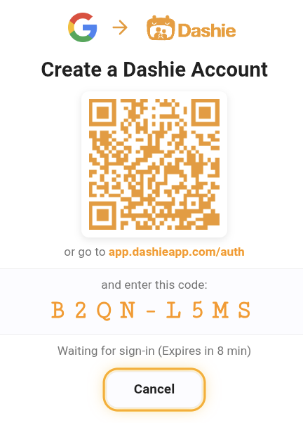 Dashie sign-in screen showing a QR code, the fallback URL app.dashieapp.com/auth, and a pairing code to enter on a phone